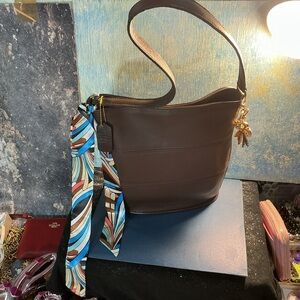Vintage Coach Tribecca Tote Dark Brown Leather Shoulder Bag with Colorful Scarf